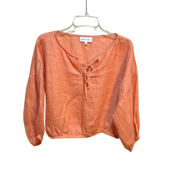 Bella Dahl Linen Cropped Neck Tie Long Sleeve Pullover Top Size Medium Beachy - Picture 1 of 9